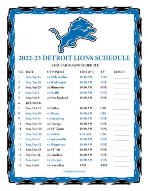 Printable 2022-2023 Detroit Lions Schedule