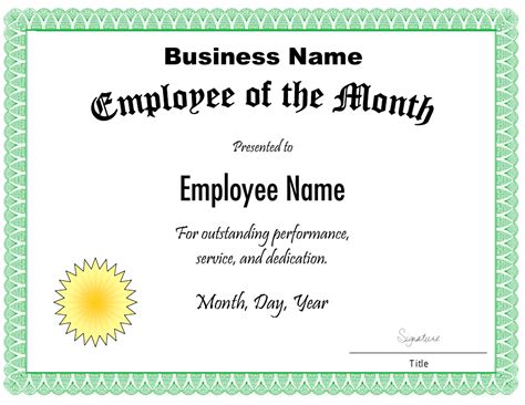 Employee Of The Month Certificate Printable