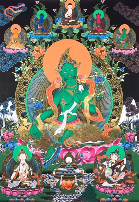 Green Tara GOLD Thangka With Saraswati Ushnisha Sita Tapatra - Etsy ...