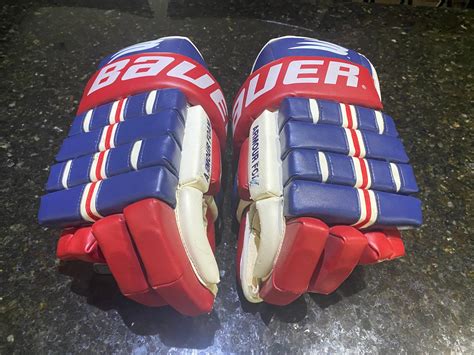 Almost new All LEATHER Montreal Canadiens colors Bauer Hockey Gloves 14". Made in Canada ...