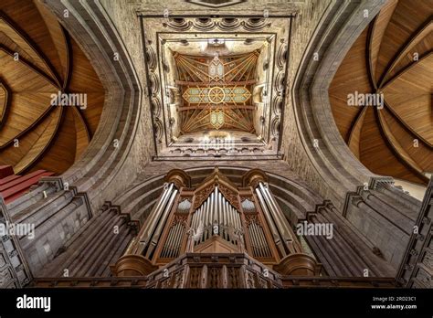 Orgel und Kirchendecke der Kathedrale von St Davids, Wales ...