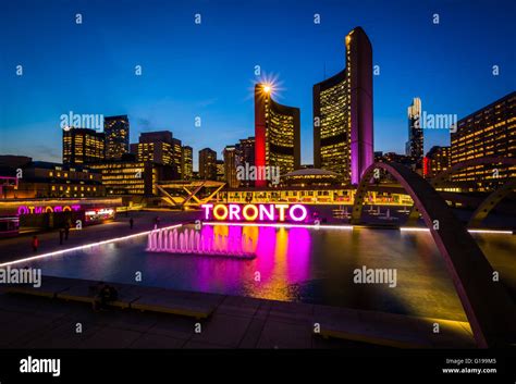 View of Nathan Phillips Square and Toronto Sign in downtown at night Stock Photo, Royalty Free ...