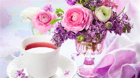 HD wallpaper: A cup of tea, lilac and rose, bouquet, vase | Wallpaper Flare