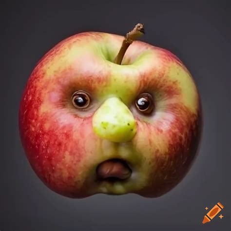 Meme of an apple with a face, bold text on Craiyon