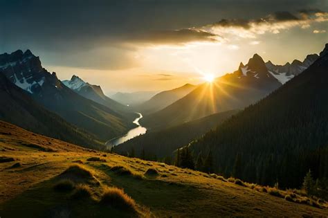 Premium AI Image | sunrise over a mountain valley with a lake and ...