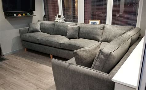 Grey corner unit sofa made in Long Eaton by the designer sofa. This was made to fit the customer ...