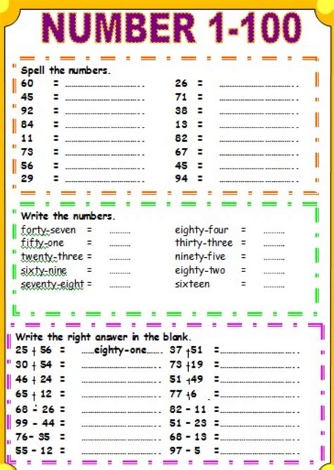 Numbers 1 TO 100 activity | Number words worksheets, English worksheets for kids, Number worksheets