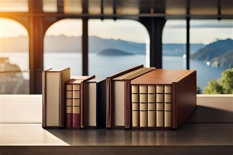 Premium Photo | A stack of books on a desk with a window in the background