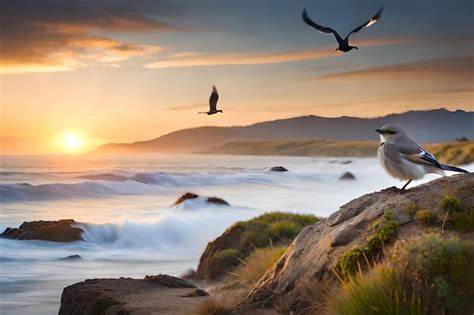 Premium AI Image | Birds flying over the ocean at sunset