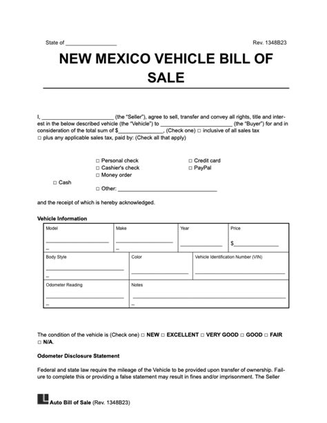 Free New Mexico Motor Vehicle Bill of Sale Form | Legal Templates