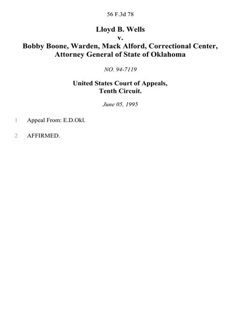 Lloyd B. Wells v. Bobby Boone, Warden, Mack Alford, Correctional Center, Attorney General of ...