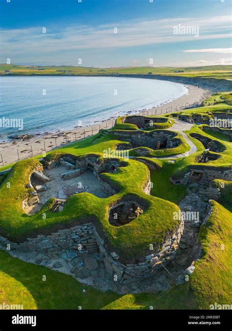 Aerial view of Skara Brae stone-built Neolithic settlement, located on ...