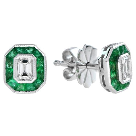 Emerald Cut Diamond Emerald Halo Stud Earrings in 18K White Gold For Sale at 1stDibs