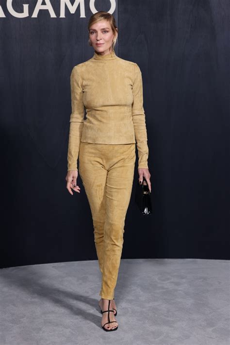 Uma Thurman Soars in Logo-Heel Sandals at Ferragamo’s Fall 2023 Show ...