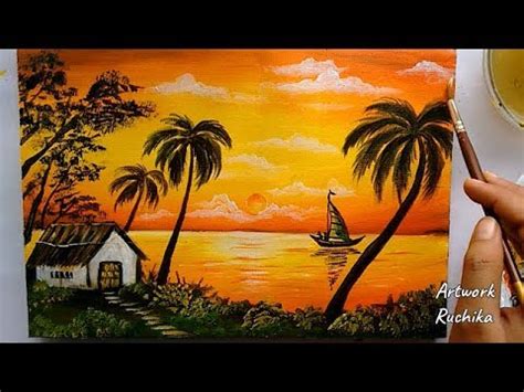 A Beautiful Sunset Scenery Painting | Easy Nature Scenery Painting | Acrylic Painting - YouTube