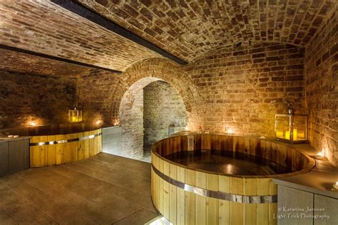 Underground spa with wooden barrel bathtubs and brick arches. Brighton Harbour Hotel And Spa ...