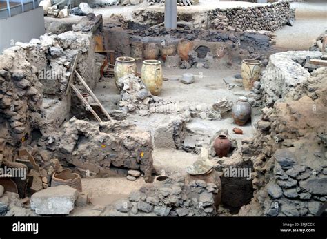 Greece, Island of Santorini: archeological excavations of a Minoan city at Akrotiri which was ...