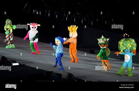 Paralympic mascot Tom (right) alongside previous Paralympic Games mascots during the closing ...