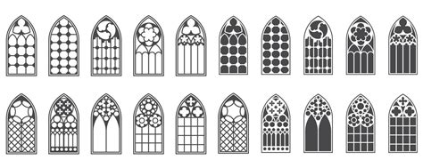 Church windows set. Silhouettes of gothic arches in line and glyph ...