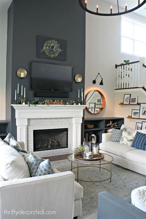 Nontraditional colors for the fall mantel | Grey accent wall living room, Accent walls in living ...