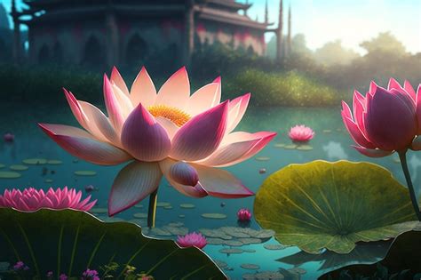 Premium AI Image | A painting of a lotus flower in a pond