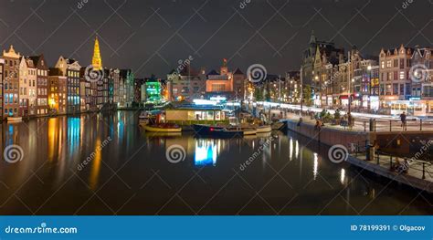 Night Panorama of Amsterdam Canal Damrak, Holland Stock Image - Image ...