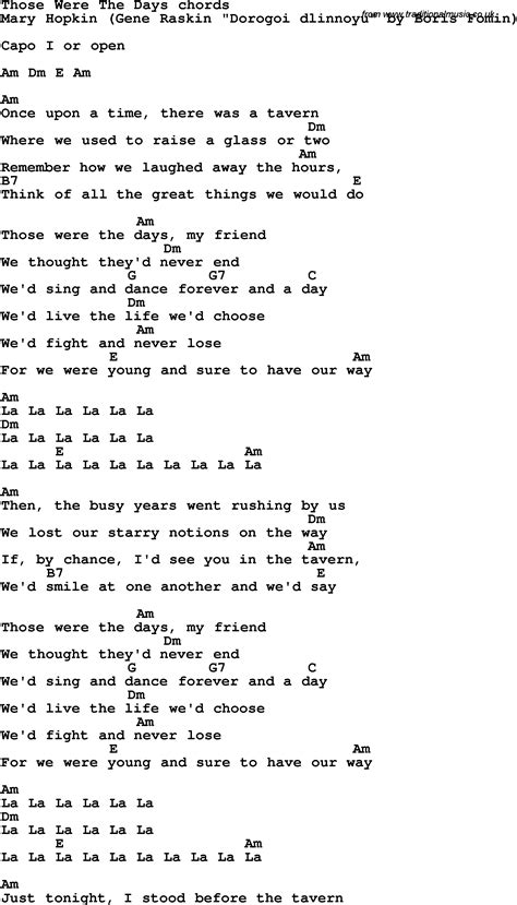 Song lyrics with guitar chords for Those Were The Days - Mary Hopkin