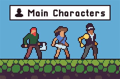 an old school video game with three people walking in front of the sign that says,'main characters