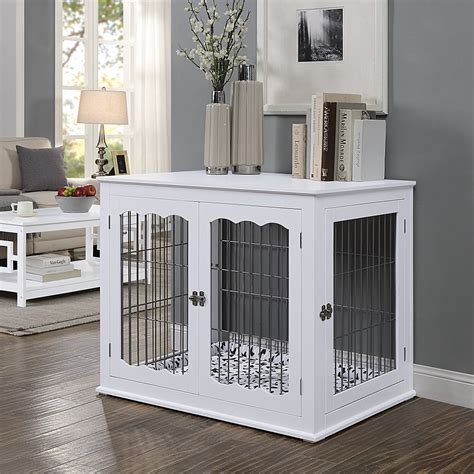 Unipaws Pet Crate Dog Bed End Table with Cushion, Wooden Wire Dog Kennels with Double Doors ...