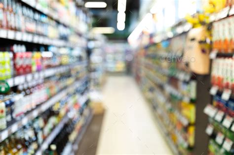 Supermarket Aisle Background, Grocery Store Defocused Shot With Colorful Shelves Stock Photo by ...