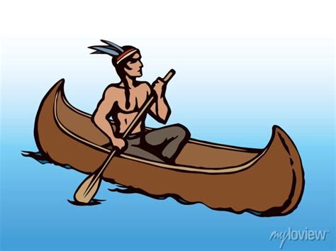 Native american in a canoe. vector drawing • wall stickers wild, navigate, water | myloview.com