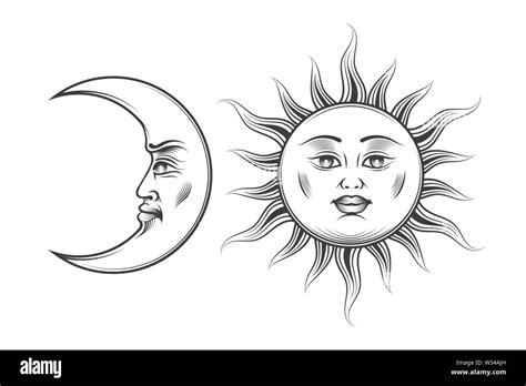 Hand Drawn Sun and Moon with human cartoon faces in engraving style ...