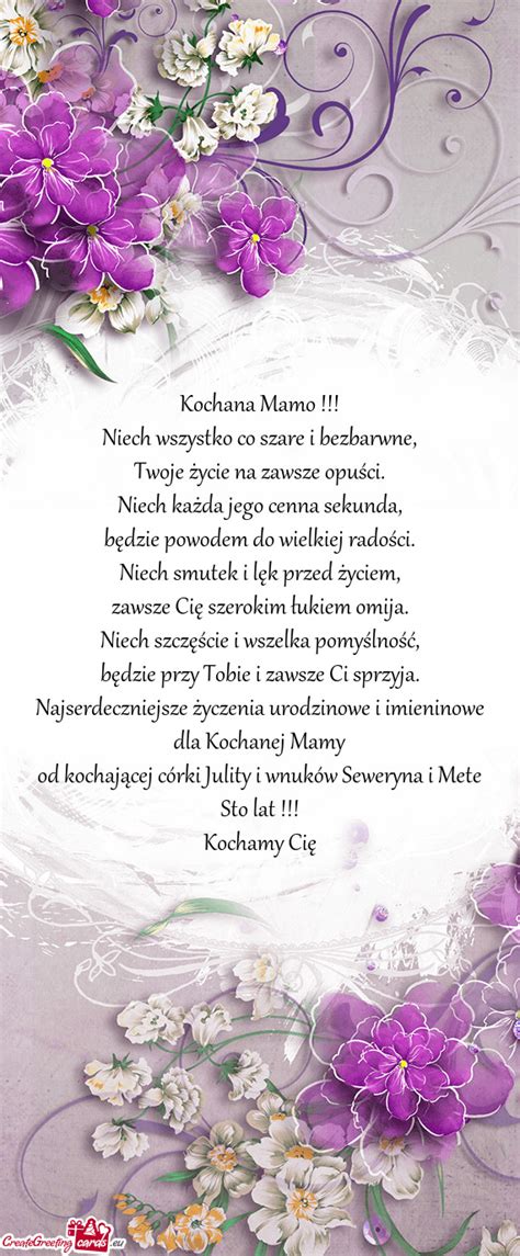 Najserdeczniejsze życzenia urodzinowe i imieninowe dla Kochanej Mamy ...