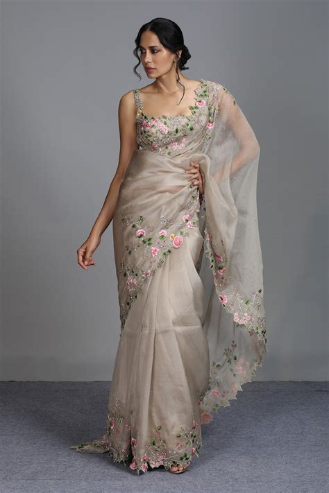 Buy White Organza Saree With Unstitched Blouse For Women by Anushree Reddy Online at Aza Fashions.