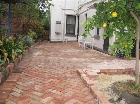 Recycled red brick paving in herringbone pattern Red Brick Paving, Brick Courtyard, Brick Garden ...