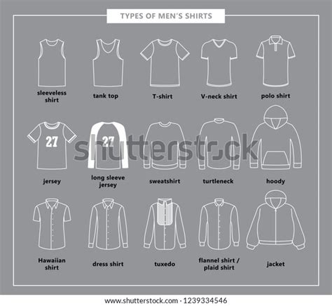 Types of men's shirts with names. Vector outline illustration. Set of men's T-shirts: jacket ...