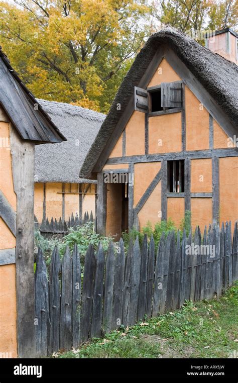 Old English settler's houses from the colonial period made of mud ...