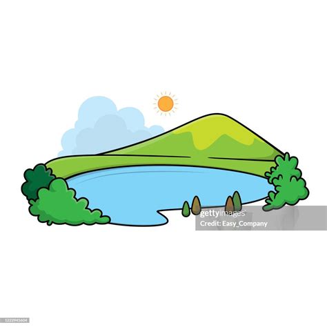 Drawing Illustration Cartoon Lake And Mountains Trees It Can Be Used As ...