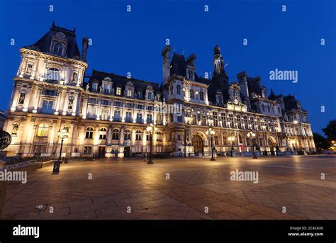 Paris City Hall. Illuminated at night the lights of the Paris City Hall ...