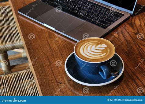 Nice Texture of Latte Art on Hot Latte Coffee . Milk Foam in Heart Shape Leaf Tree on Top of ...