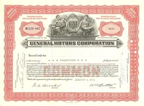 General Motors Stock Certificate circa 1954