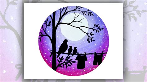 Purple Moonlight night sky painting, Easy scenery drawing for beginners ...