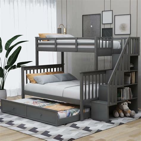 Twin Over Full Size Bunk Beds with Trundle, Solid Wood Bunk Bed Frame ...