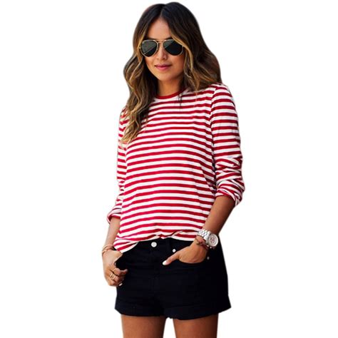 2016 Spring Summer Long Sleeve Red Striped Tee Shirts Women Fashion ...