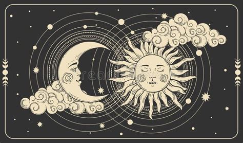 Sun and a crescent moon with a face on a black cosmic background. Tarot ...