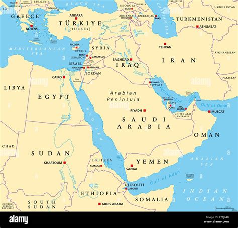 The Middle East, political map. Geopolitical region encompassing the ...