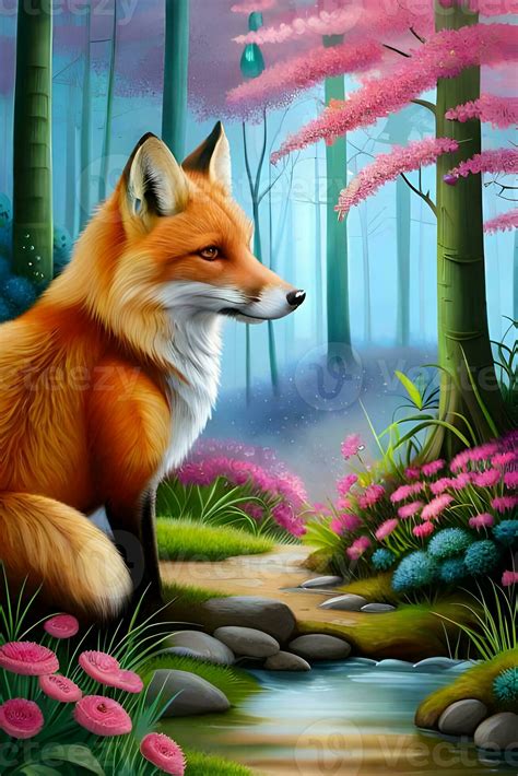 Art painting fox in a forest with water droplets and flowers ...