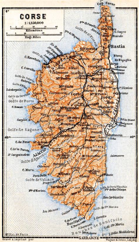 Old map of Isle of Corsica in 1900. Buy vintage map replica poster print or download picture