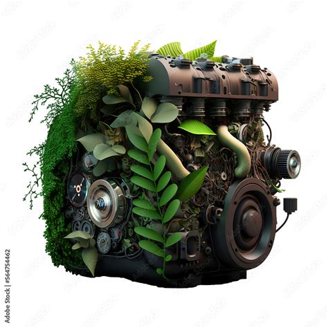 Retro broken car engine overgrown with leaves. Illustration of ecology concept against emissions ...