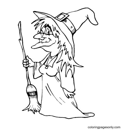 Old Witch with a Broom Coloring Page - Free Printable Coloring Pages